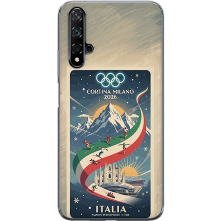 Yhteensopiva Puhelinkuori Huawei nova 5T Mäkihyppykuvitus, jossa hiihtäjä tähtää kiväärillä lumisella radalla, teksti Milano Cortina 2026 ja olympiala