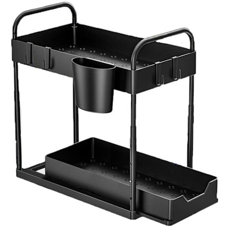 Vask Organiser - 2 Lag - Vask Skabs Organiser - Opbevaringsstativ - Opbevaringssystem - Opbevaringsstativ Under Vask - Udtrækkelig Opbevaringskurv - 