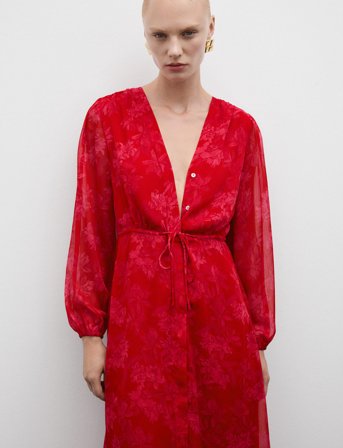 Mango Floral-Print Dress With Knot Detail - Red - XS