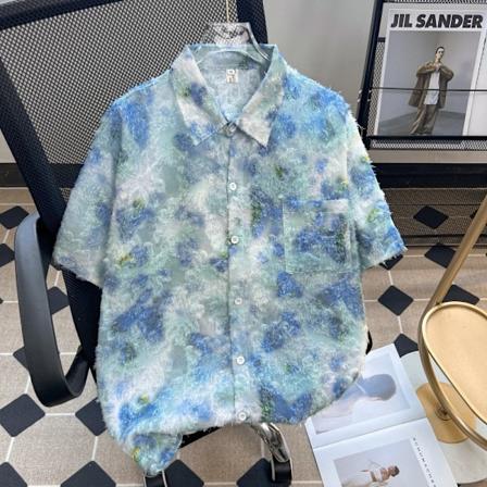 2024 Ny Tryckt Tröja Mäns Sommar Kort Ärm Skjorta Lös Trendigt Vacker Jacquard Halv Ärm Skjorta Män ' Tunn Blue L