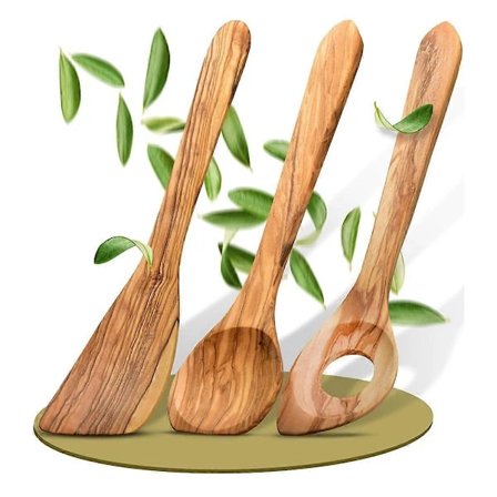 Håndlavet madlavningsske & spatel i oliventræ, praktiske træredskaber der holder længe, træ C