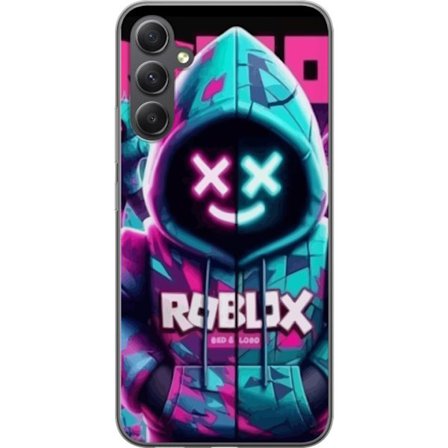 Kompatibelt Mobildeksel til Samsung Galaxy A05s Roblox neon hettegenserfigur med en maskert karakter i blå og rosa neonfarger, og gir en tydelig cyber