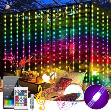 Rosnek Intelligent Lysende Gardin 3×2m 300LEDs, Udendørs Lyskæde, APP/Fjernbetjening, MusikSynk til Fest Jul