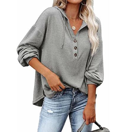 Damtröja med V-ringad Button Down Pullover Hoodie Sweatshirt Grå