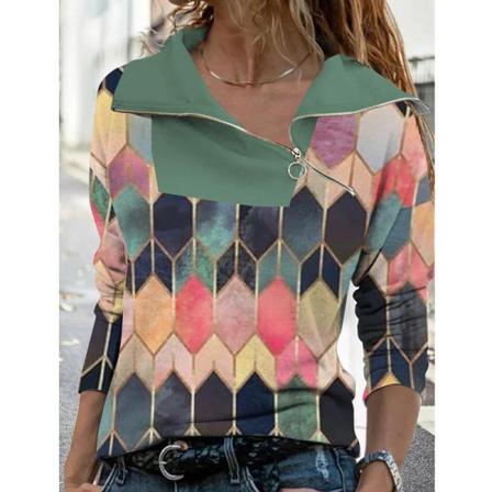 Damblommigt Print Lapel Pullover Color Block Casual Sweatshirt