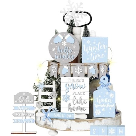 15 kpl Talvinen kerrosvati koriste Lumimies Lumihiutale kerrosvati Koristeet Setti Sininen Rustiikkinen Maalaistalon puiset kyltit (Klassinen)