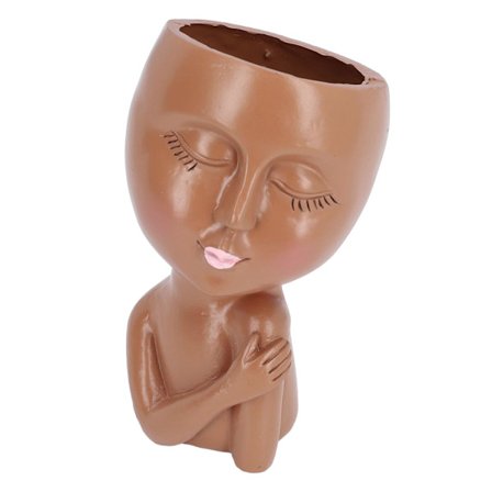 Ansikts Blomsterpotte Øyne Lukket Jente Høydensitets Harpiks Dreneringshull Multifunksjonelt Hode Planter Potte for Kontor Hage Hjem Mørkebrun