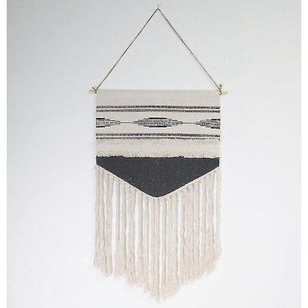 Boho-tyyläinen seinävaate, vintage-kangas, makrame, harmaa sisustus