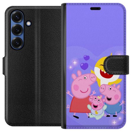 Kompatibel Tegnebogsetui til Samsung Galaxy S25+ Peppa Gris mønster med hjerter, sommerfugle og venner, lyserød baggrund i bløde børneillustration