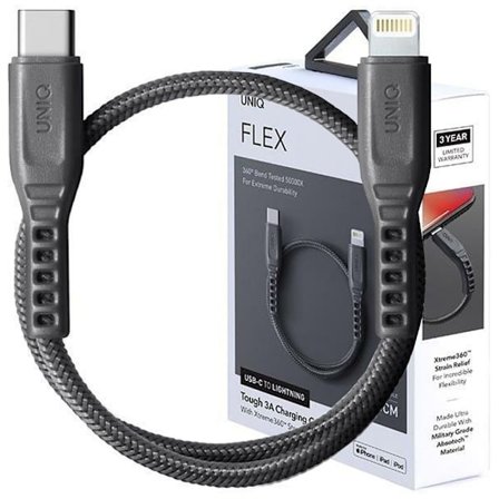 Unikt etui USB-C-Lightning Flex-kabel 18W nylon 30cm - grå