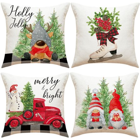 Sett med 4 juleputetrekk, ansiktsløs nisse, hagedekorasjon, God Jul bomulls-lin putetrekk, 45 x 4