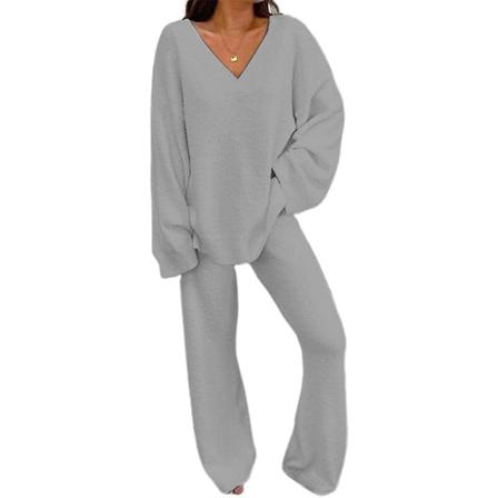 2 stk/sett Dame Vanlige treningsdresser V-hals løse topper+lange bukser Loungewear Pyjamassett Light Gray 3XL
