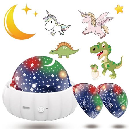 3-i-1 Nattlys for barn med 360° rotasjon USB-oppladbar stjernehimmel dinosaur enhjørning projektor i 7 farger for barnerom hvit