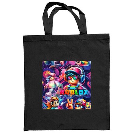 Stofpose Farverig Roblox-inspireret gruppe med flere karakterer, hovedtelefoner og controllere i et energifyldt neonfarvet spilmiljø