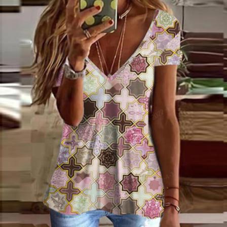 Print T-shirt Med Blommönster För Kvinnor