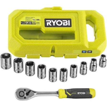 RYOBI - Låda med 1 90-tandsnyckel, 8 hylsor (8 till 15 mm) & 1/4'' - 3/8'' adapter - Ryobi LINK-kompatibel - RHRS10PC