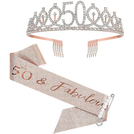 50th Birthday Sash And Tiara For Women, Rose Gold Birthday Sash Crown 50 & Fabulous Sash And Tiara For Women