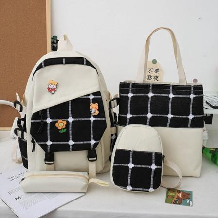Kvinner jente ryggsekk skulderveske skolesekk Korean Style Plaid Primary School Students Junior Black and White