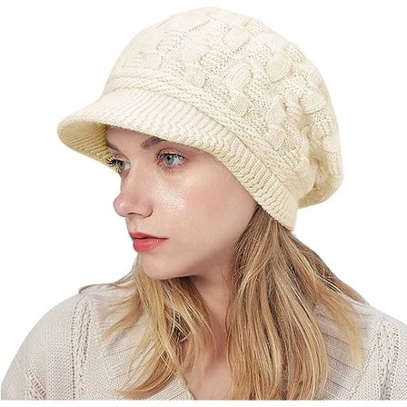 Strikket vinterlue for kvinner - Strikket vinterlue med fleecefôr Dame Beretlue Varm strikket ullue Peaked Baker Boy Hat med visir (beige)