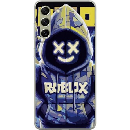 Kompatibelt Mobildeksel til Samsung Samsung Galaxy S21 FE 5G Blågul Roblox hettegenserfigur med minimalistisk neonstil og masket ansikt, moderne spil