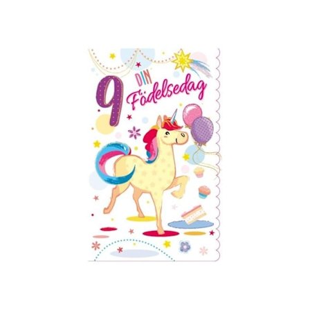 Onnittelukortti 9 vuotta Unicorn - Spades kanssa