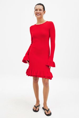 NA-KD Robe courte en maille à volants - Robes Pull - Rouge - S (EU 34-36)