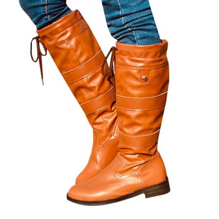 Kvinnors Pu-läder Snörning Knähöga Mid Calf Booties Platta Skor