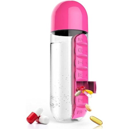 Bærbar 2-i-1 pilleæske/flaske - 600 ml (Pink)