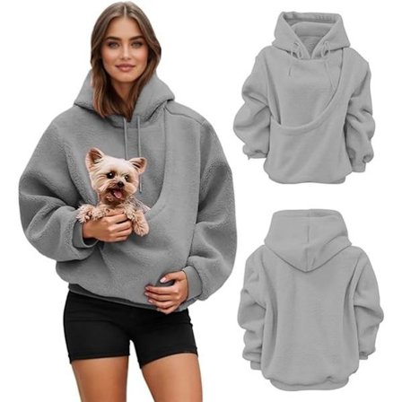 Pet Pocket Hoodie - Oversized Fleece Sweatshirt - Katte- og Hunde Frontlommer - Grå - Størrelse L