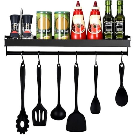 Køkkenvægsarrangør, Hylde med kroge, Køkkenredskabshængende skinne, Ingen boring påkrævet, Med 6 aftagelige kroge til køkken, badeværelse, entre, E
