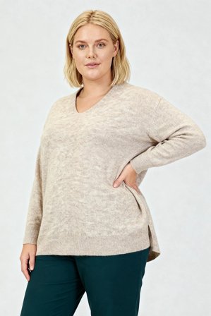 CISO - Langærmet Strik - Beige Melange - V-hals