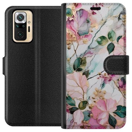 Kompatibelt Lommeboketui til Xiaomi Redmi Note 10 Pro Abstrakt marmormønster med blomster, blader og gyldne detaljer i myke pastellfarger