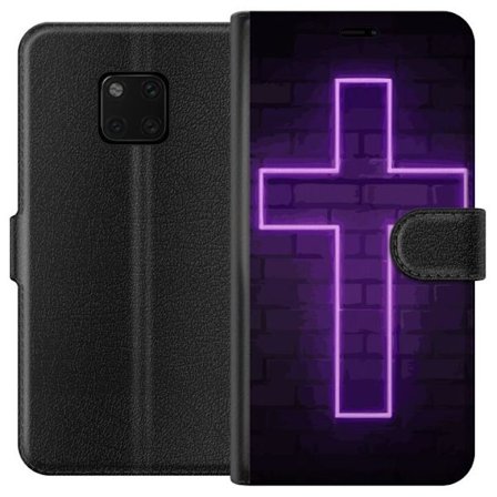 Yhteensopiva Lompakkokotelo Huawei Huawei Mate 20 Pro Neonristi purppuranvalossa tummaa tiiliseinää vasten, symbolinen motiivi vahvalla hohto modern