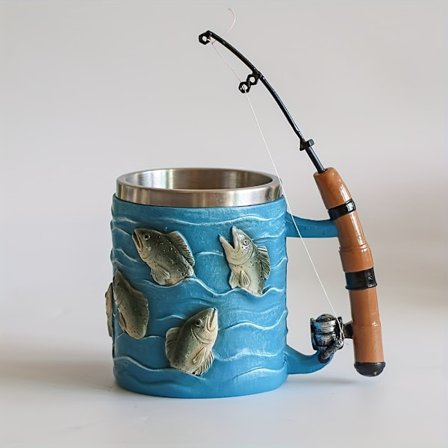 1 stk. fisketema-krus i resin med 3D-fiskestang og fiskedesign