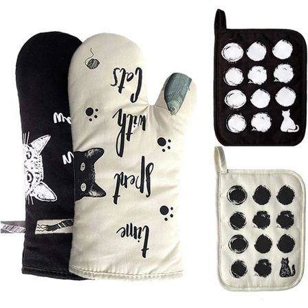 Bomuldsvanter med 2 grydelapper til katteelskere, varmebestandige