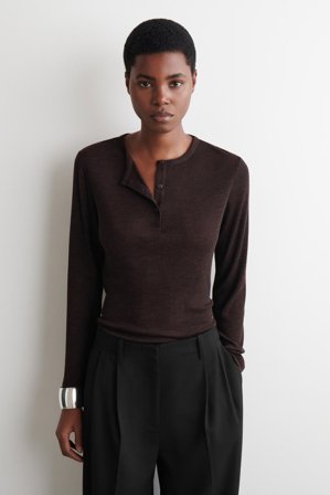 COS Women's Ribbed Wool Henley Top in Brown