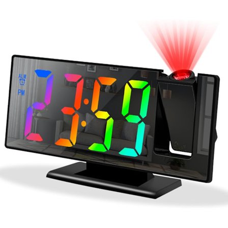 Projektionsväckarklocka för sovrum, digital smart klocka med 180° roterbar projektor, 3 nivåer ljusstyrka dimmer, tydlig LED-färgdisplay
