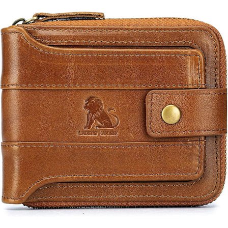 Ekte Lær Herre Lommebok Med Kjede, Stor Kapasitet Kredittkortholder med 12 Kortspor ID-Vindu Kortetui med Glidelås Myntlomme (Brun)