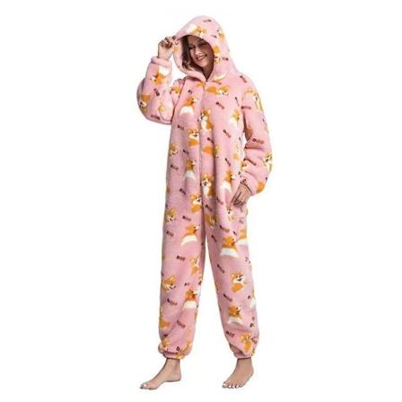 Naisten talvinen yksiosainen pyjamat sarjakuva print hupullinen haalari lämmin kotiasu style 4 L