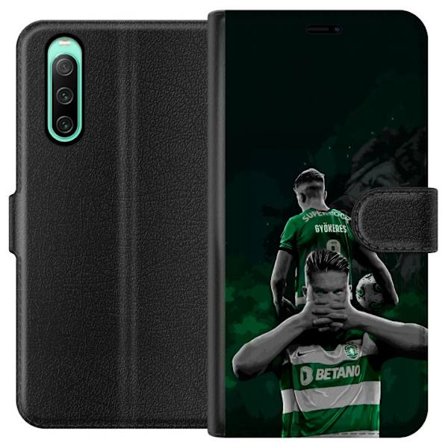 Kompatibel Tegnebogsetui til Sony Xperia 10 IV Neonmotiv med teksten "Gaming er i mit DNA" på en blå og rød murvæg med en lysende DNA-spiral.