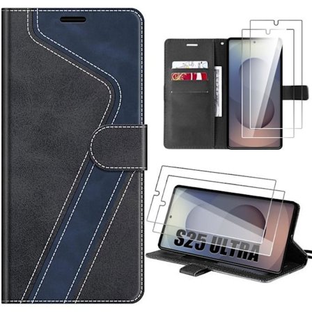 Coque Rabat - BOOLING - til Samsung Galaxy S25 Ultra - PU Læder Sort Mørkeblå - 2 Tempererede Glas