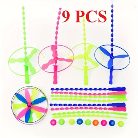 9 farverige udendørs flyvende tallerkener og helikoptere med plasthåndtag - holdbare, levende til festgaver til fødselsdage, bryllupper og mere[D]