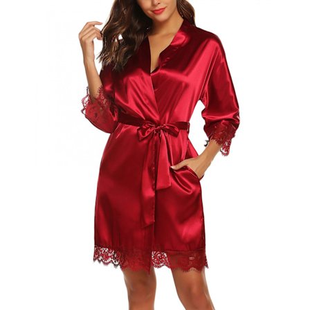 Naisten satiini silkki kylpytakki vino V-kaula lyhyt kimono takki morsiusneitojen takki ------ Punainen (koko M)