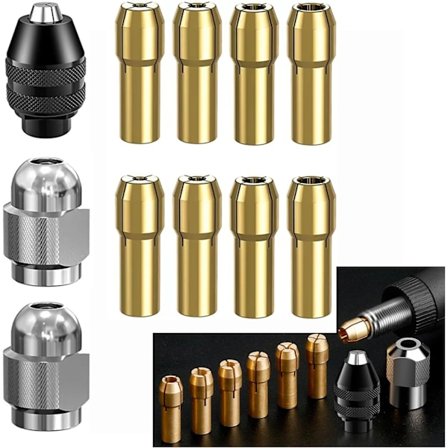 11 kpl poraistukka-sarja, Dremel-tarvikkeet 4486 istukka, holkit 4485, pikavaihdettavat messinkiholkkipäät Dremel 4000, Trio ja muut, laatikolla (11 