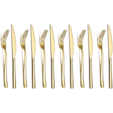 Gull Biffknivsett 12 Deler, Premium Rustfritt Stål 6 Gafler og 6 Kniver Sett, Biffkniver Biffgafler for 6 Personer, Oppvaskmaskinsikker