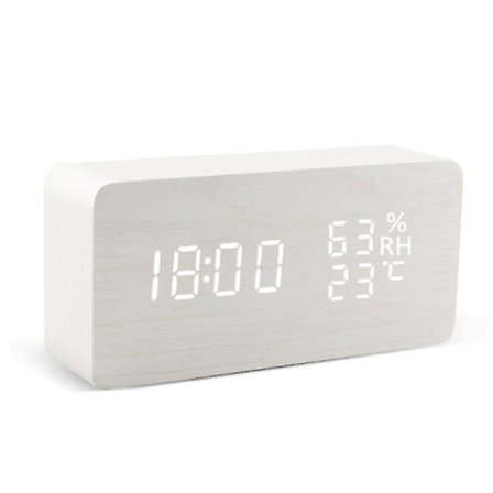 Led Digital Trævækkeur Med Temperatur Fugtighed Stemmestyring Snooze Elektroniske Bordure