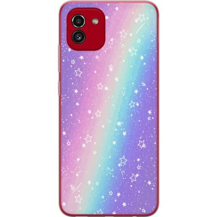 Kompatibelt Mobildeksel til Samsung Galaxy A03 Rainbow-farget pastellbakgrunn med hvite stjerner og gnistrende prikker i myk overgang