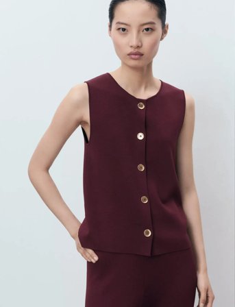 Mango Fine-Knit Gilet - Burgundy - S