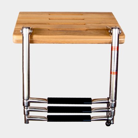 Badbrygga / badplattform med teleskopisk uppvikningsbar stege NOCK Swimstep, teak & syrafast rostfritt stål, 46 x 35 cm, 3 steg