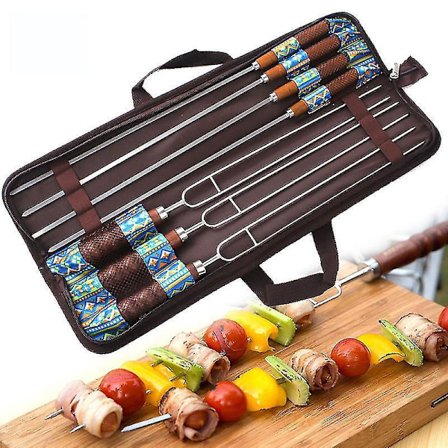 Udendørs Grillskilt 7 stk. Rustfrit Stål Hundegaffel og Håndtaske Sæt Grillpind